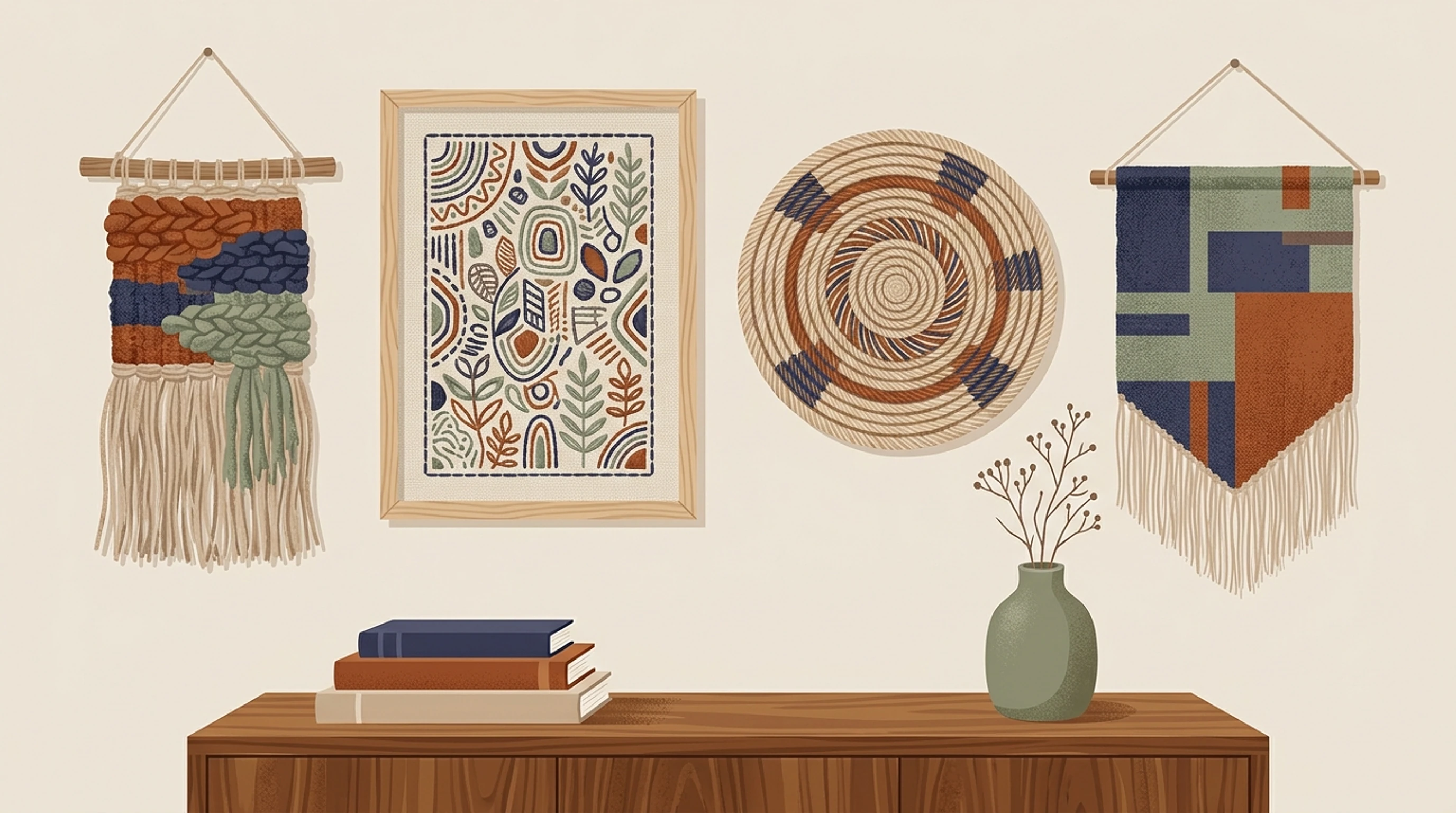 Four textile wall pieces above a wooden sideboard: a woven wall hanging, a framed patterned textile, a round woven basket and a striped fabric banner