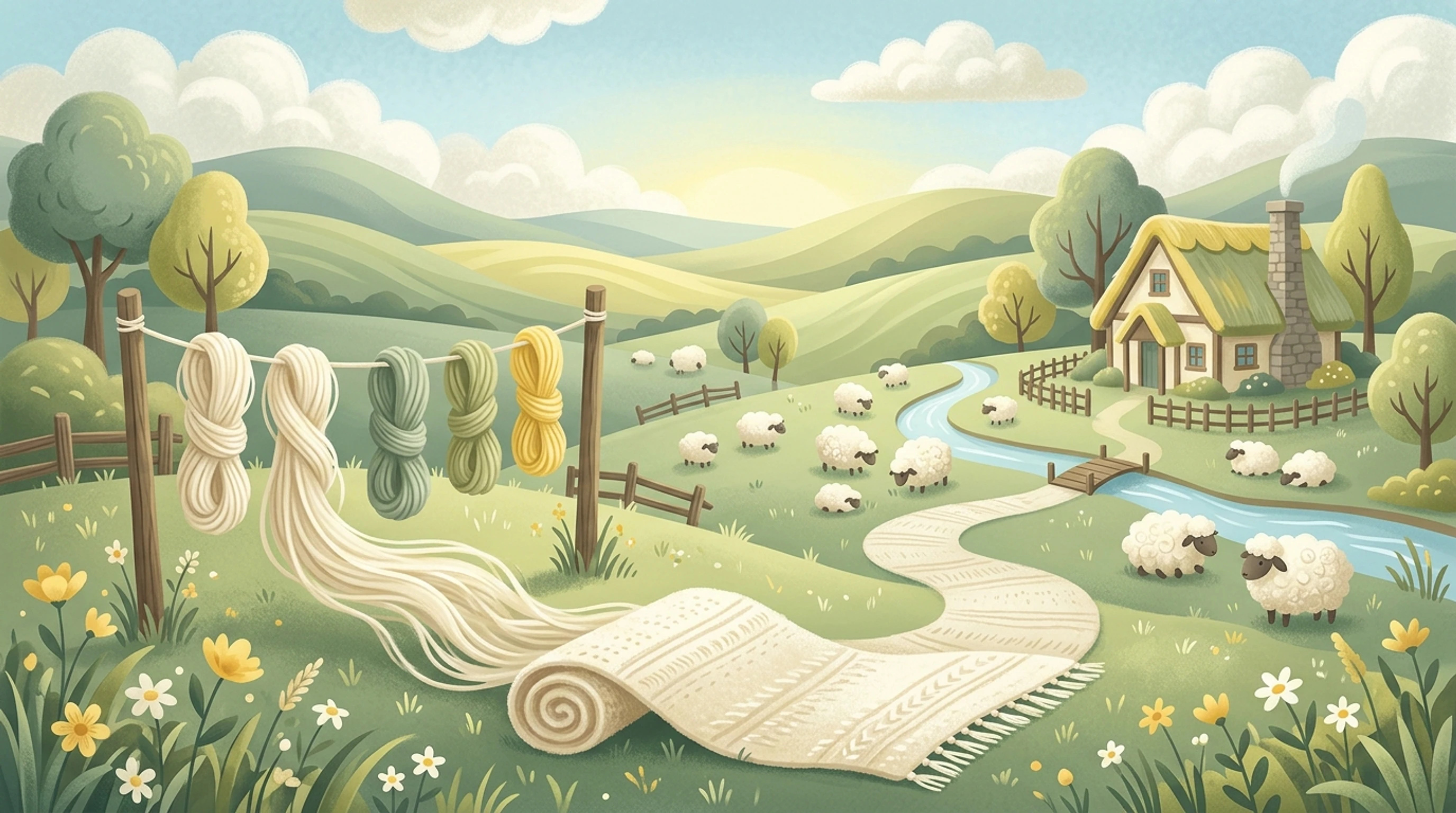 Rolling green hills with sheep and wool skeins on a line flowing into a cream rug unrolled across the meadow