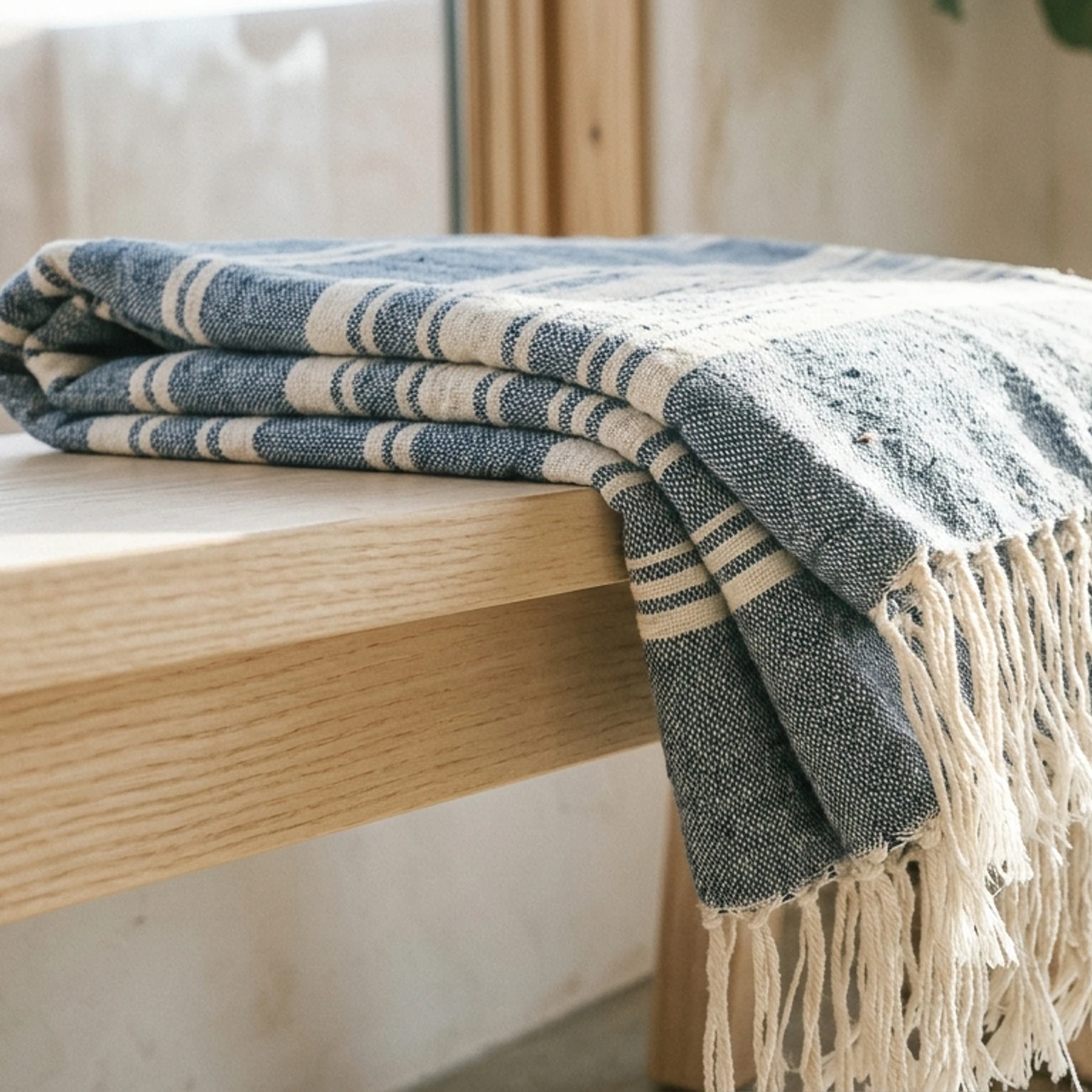 Indigo and white striped cotton flatweave rug with a hand-knotted fringe