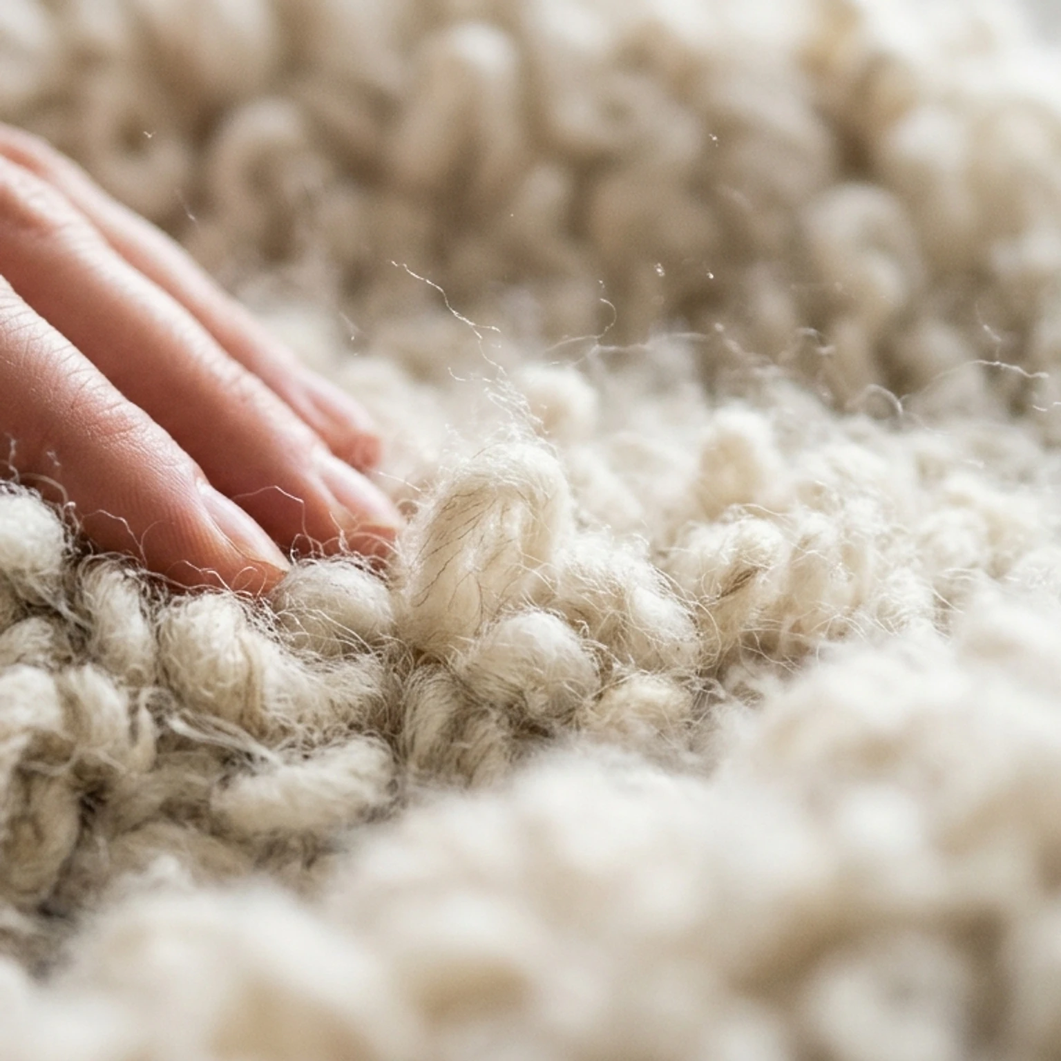 Fingertips pressing into thick, chunky cream wool pile
