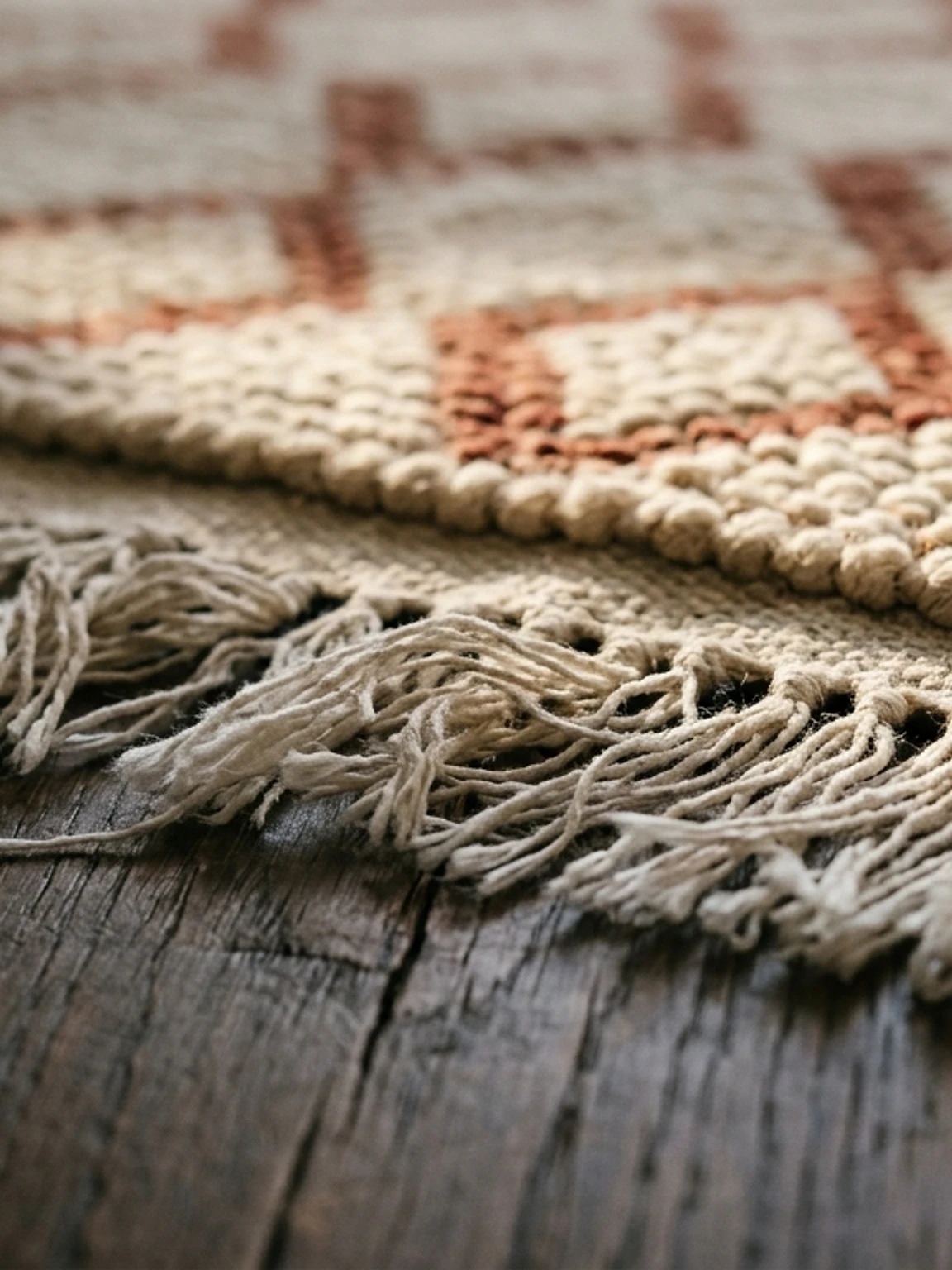 Fringed edge of a hand-knotted rug with a cream and rust diamond pattern on dark wood floorboards