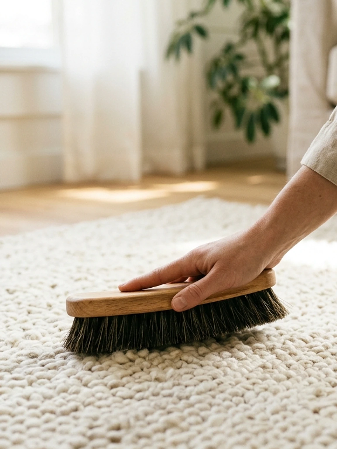 Hand brushing a cream wool rug with a natural bristle brush beside a basket of cleaning supplies