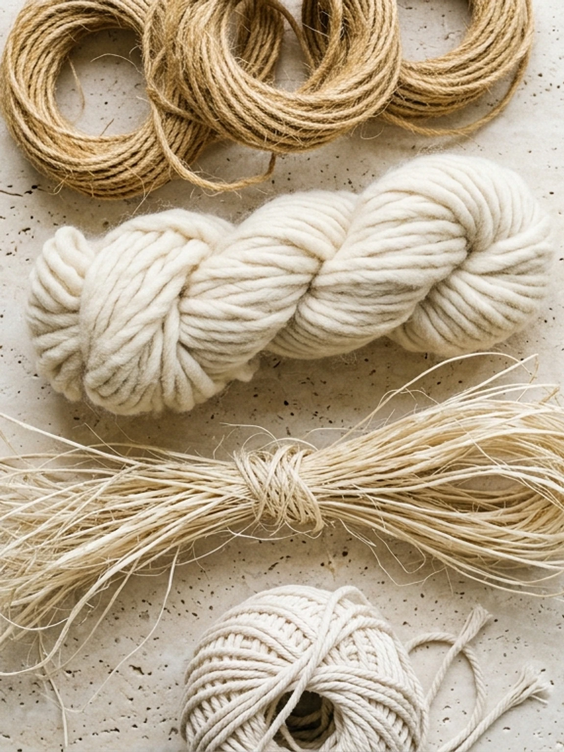 Flat-lay of jute, wool, sisal and cotton fibers on a travertine surface