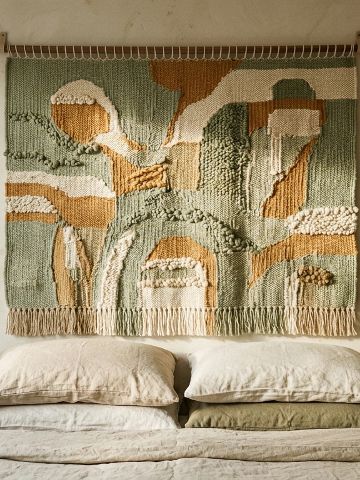 Large woven tapestry hung from a walnut rod above a linen bed