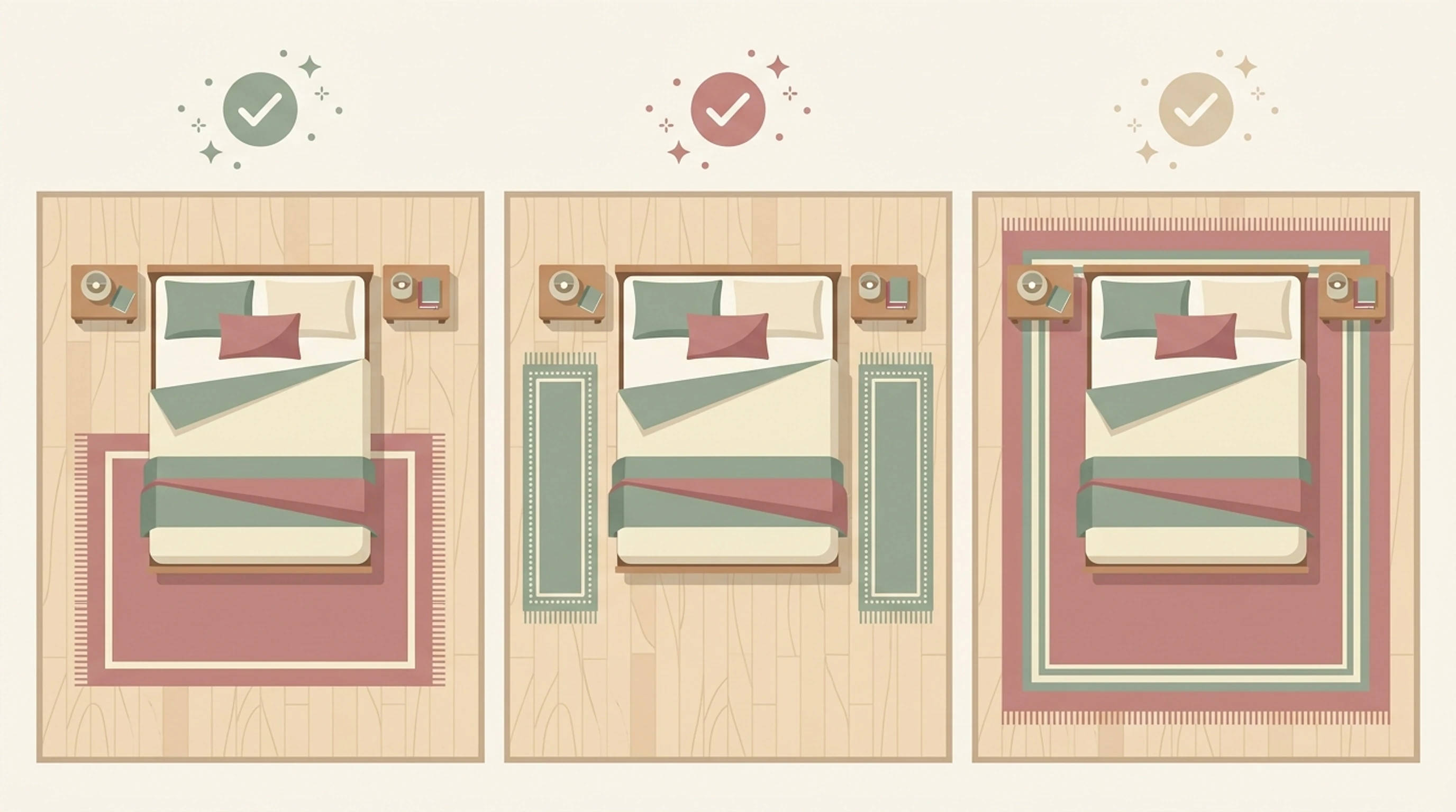 Three top-down bedroom layouts: a rug under the lower two-thirds of the bed, two runners beside the bed, and a large rug surrounding the whole bed