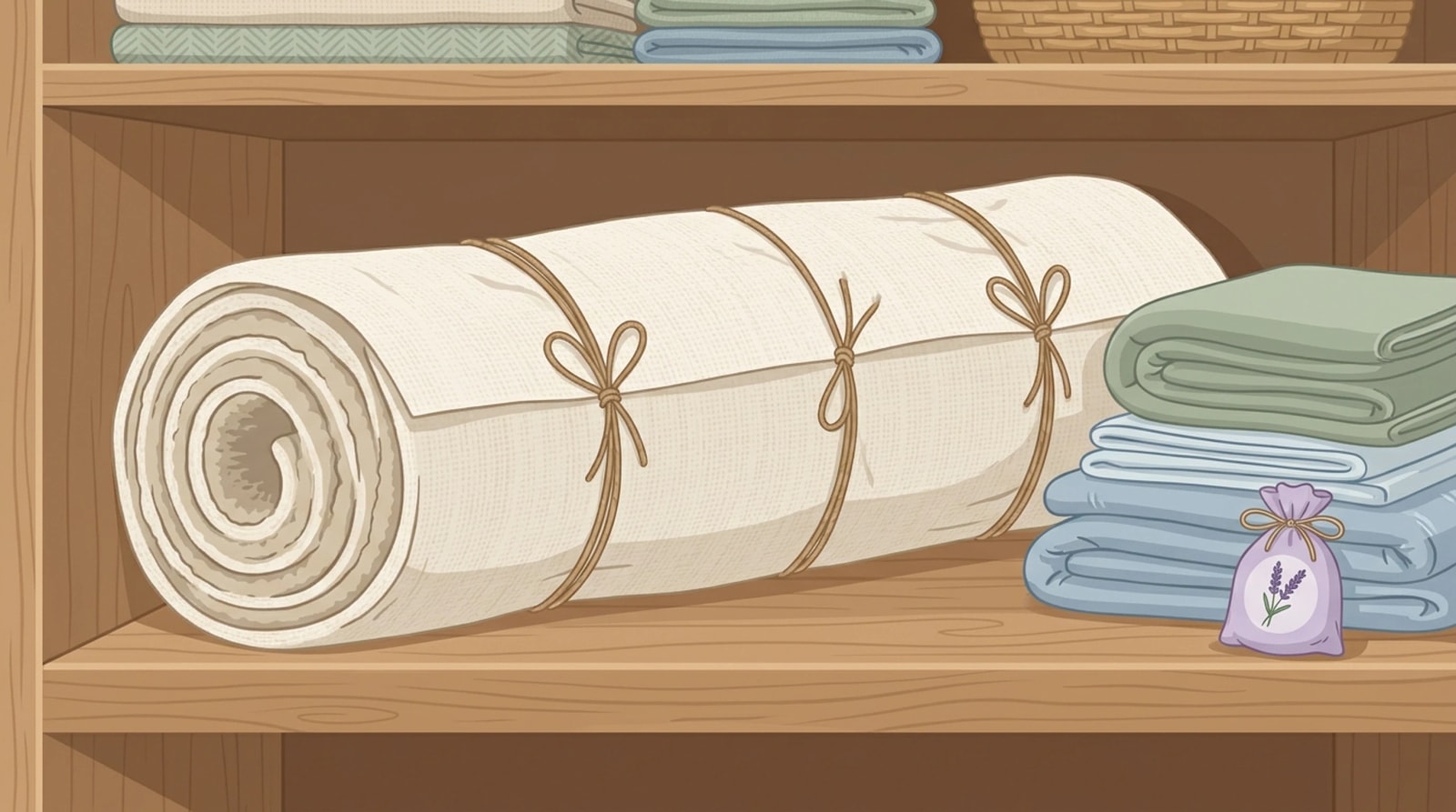 Wool rug rolled with the pile inward, wrapped in cotton and tied with twine on a storage shelf