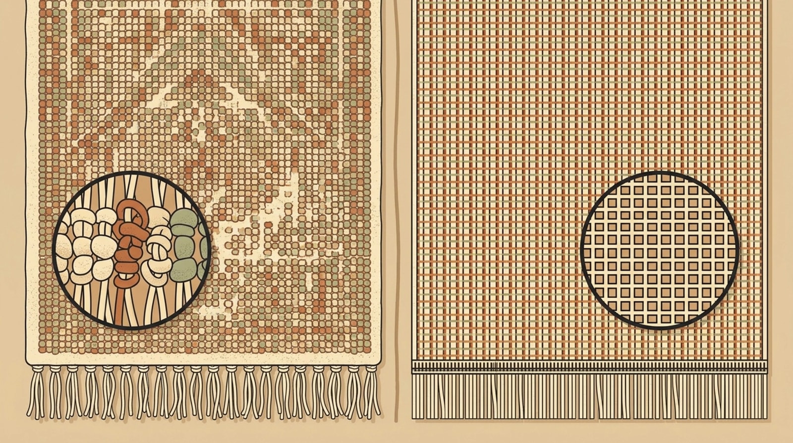 Close-ups comparing the back of a handmade rug with a woven-in fringe against a uniform machine-made rug with a stitched-on fringe