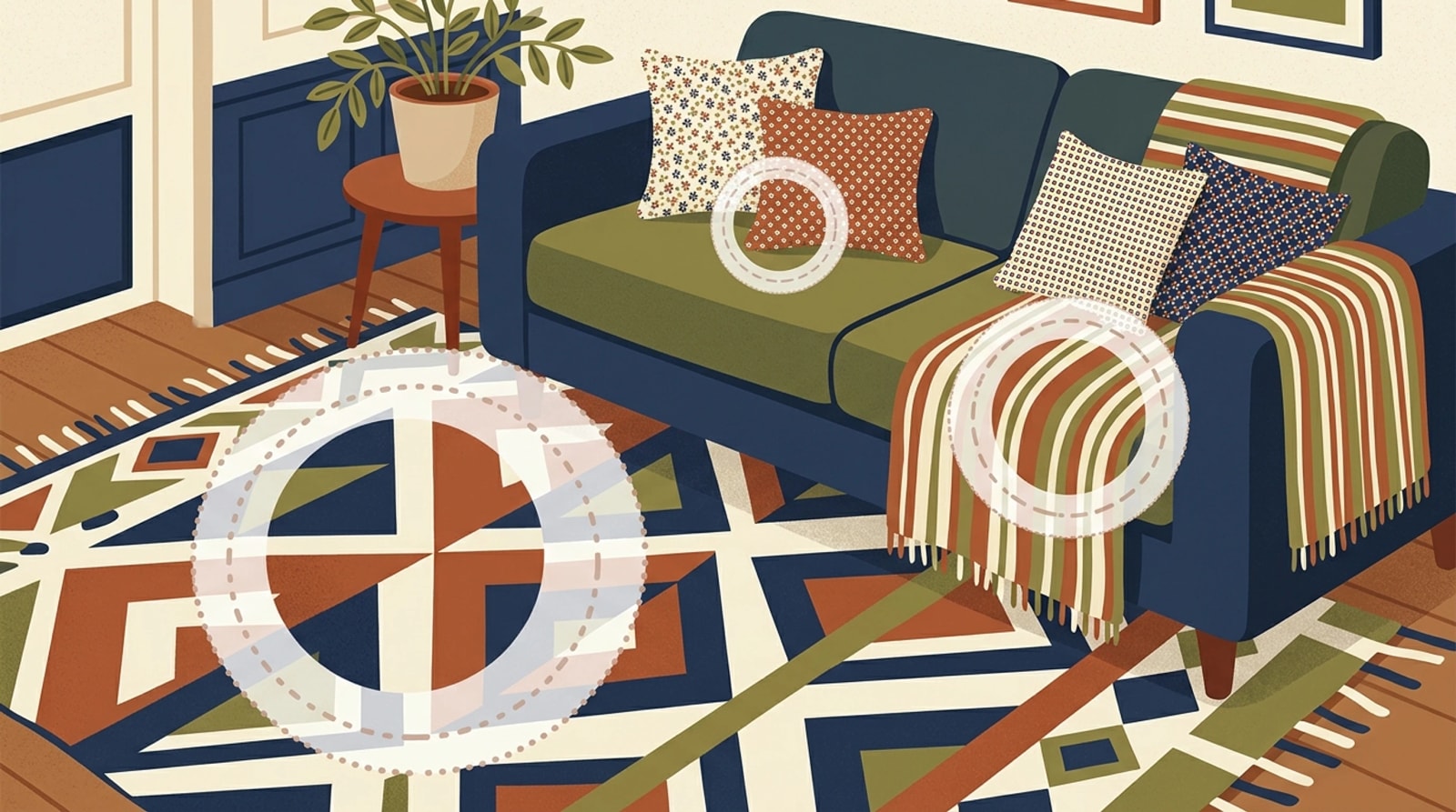 Sofa with a large-scale geometric rug, small-print cushions and a medium-stripe throw showing mixed pattern scales