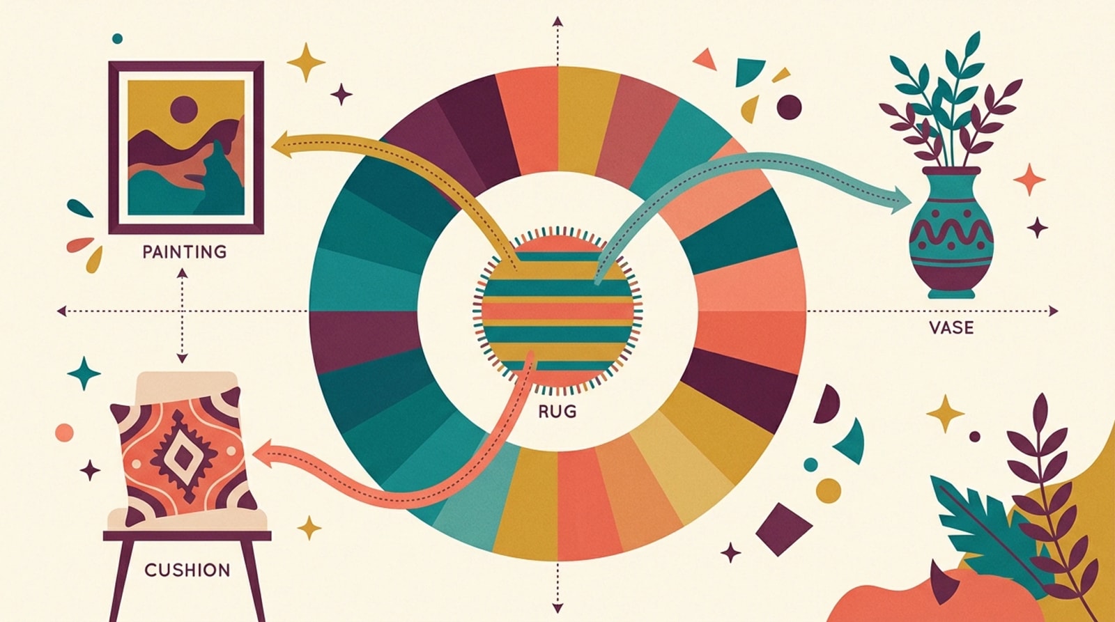Color wheel with a small striped rug at its center and ribbons linking its colors to a painting, a vase and a cushion