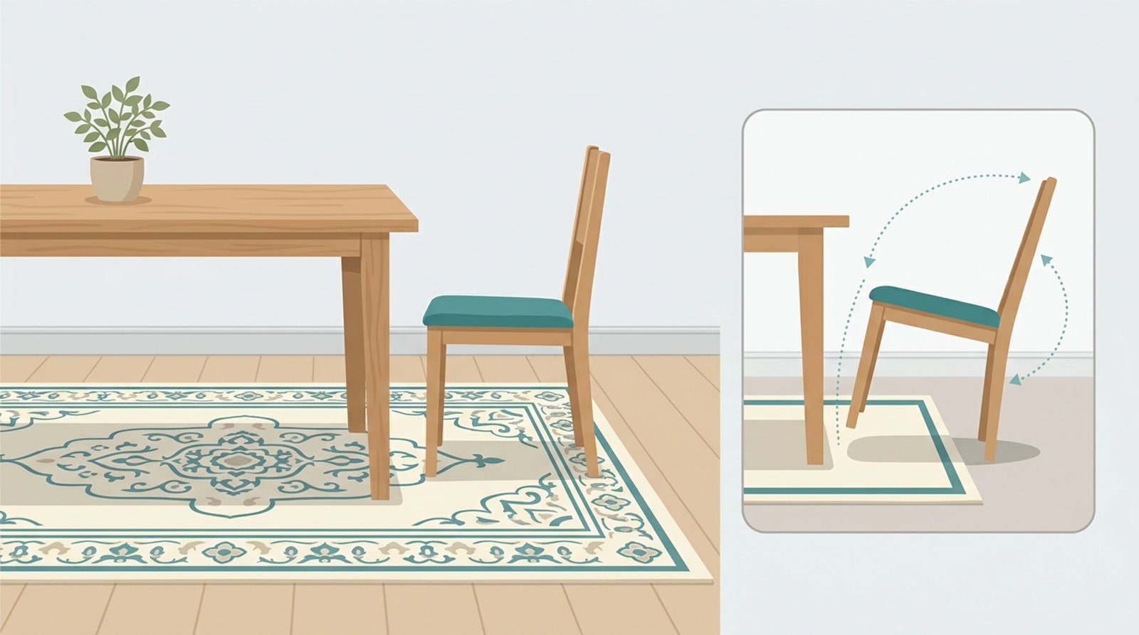Dining chair pulled back from a table with all four legs still on the rug, with an inset showing a chair tipping off a rug that is too small