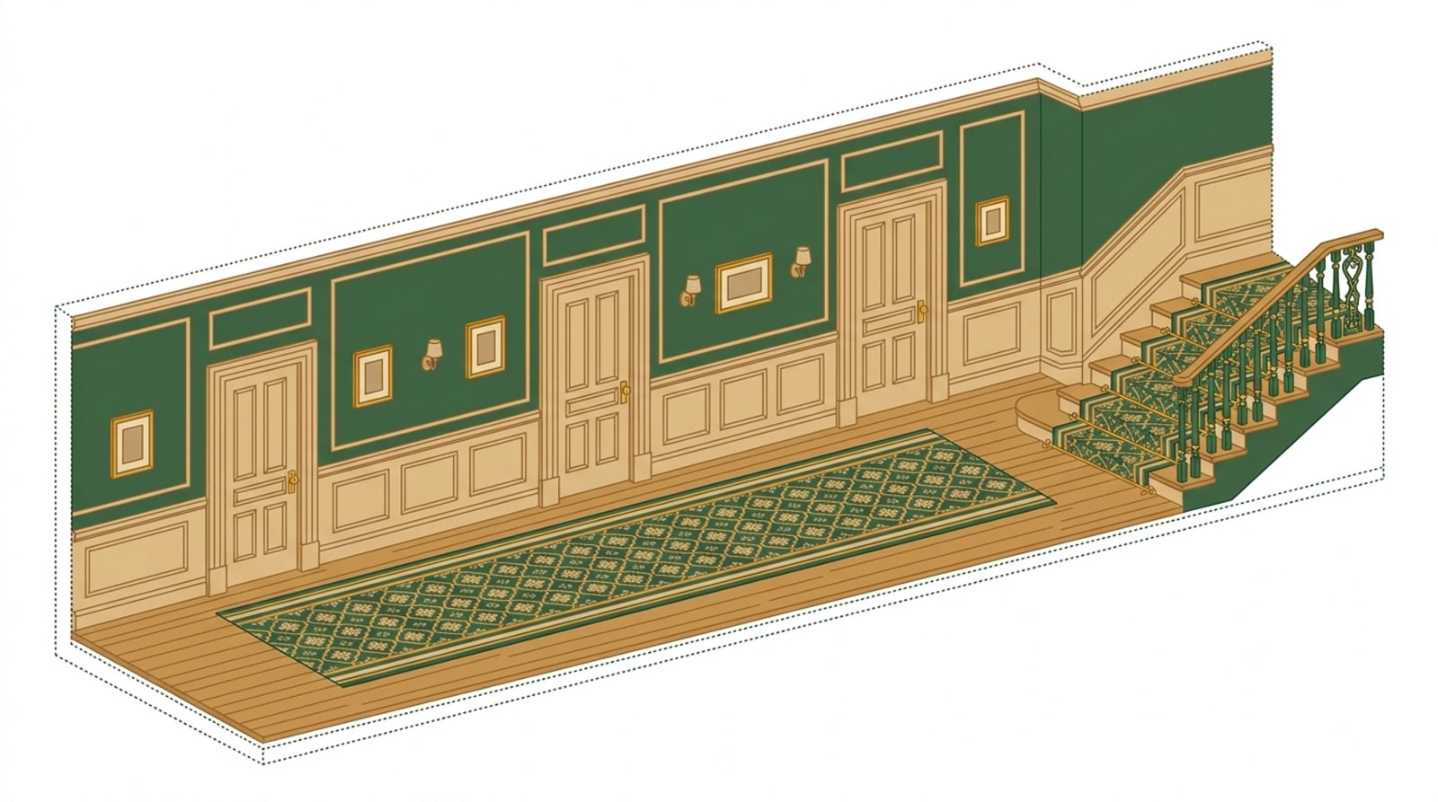 Hallway cutaway showing a runner centered with bare floor at the sides and ends, and a stair runner held by brass rods