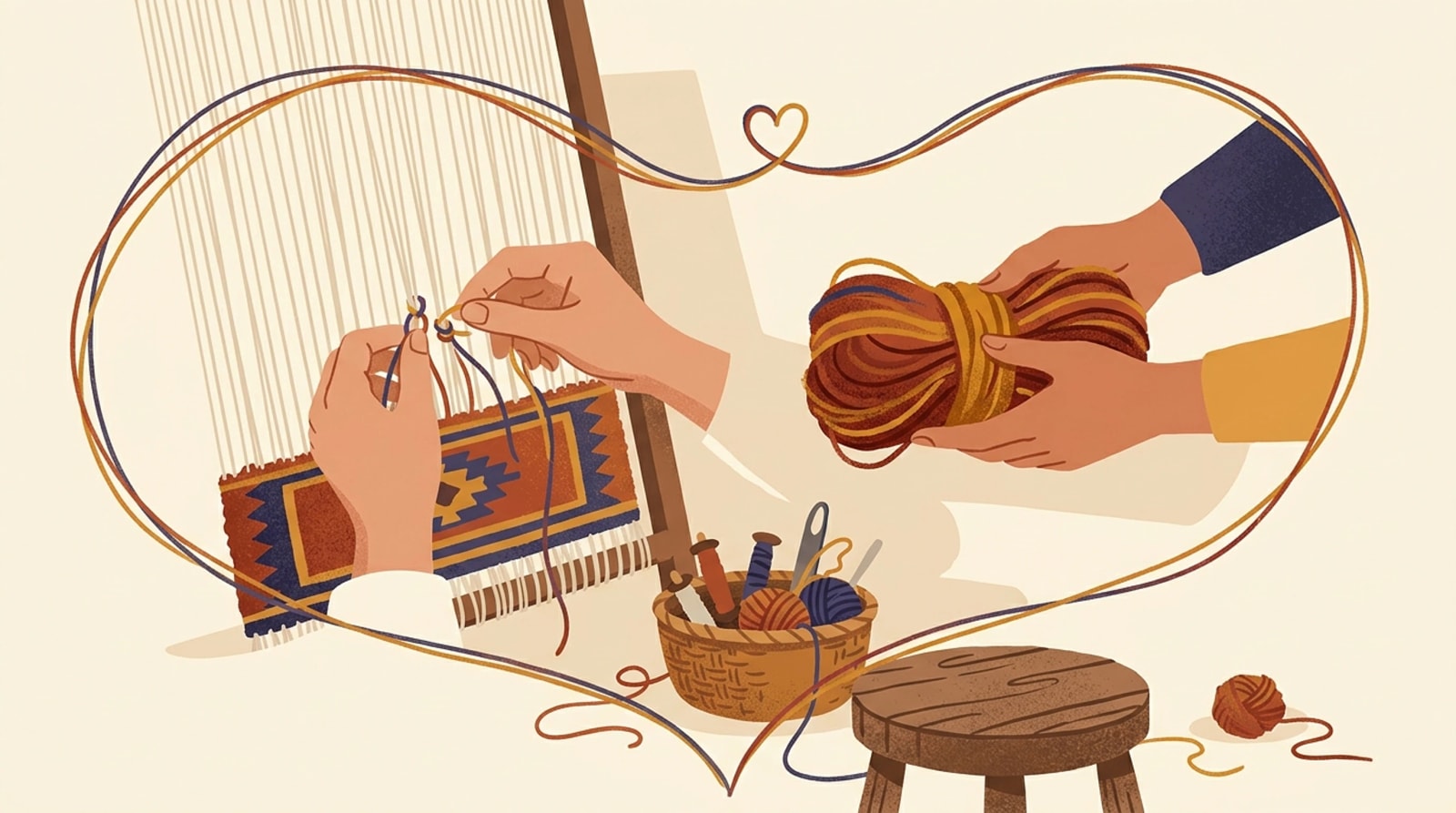 Two pairs of hands tying knots on a rug warp and passing a bundle of colorful yarn, with a basket of bobbins and a thread curving into a heart shape