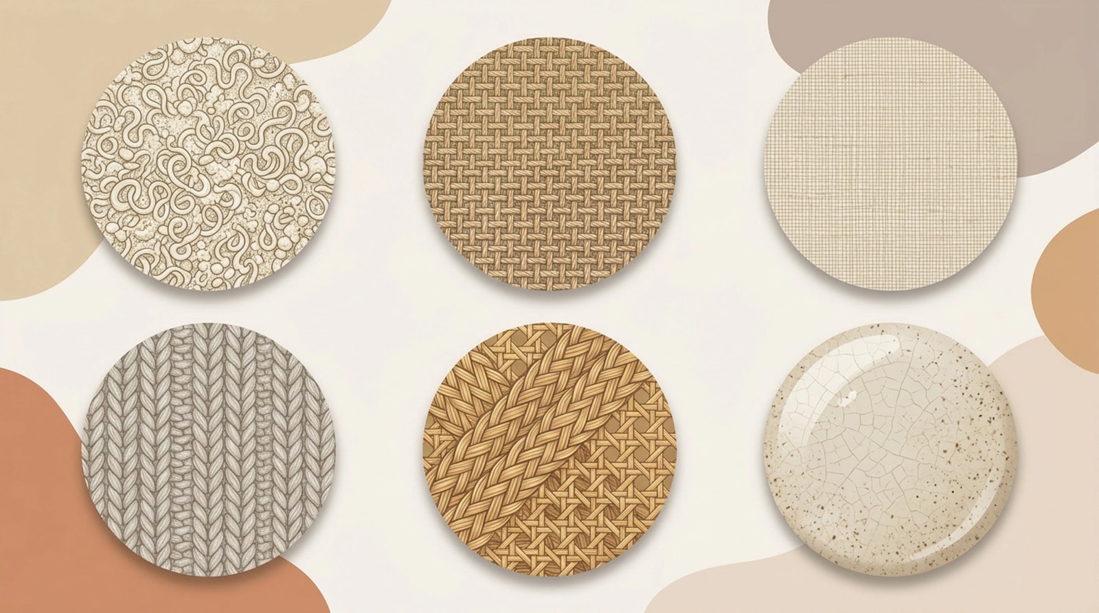 Six round fabric swatches showing different textures: embossed, woven basket, linen, herringbone, braided rattan and speckled ceramic