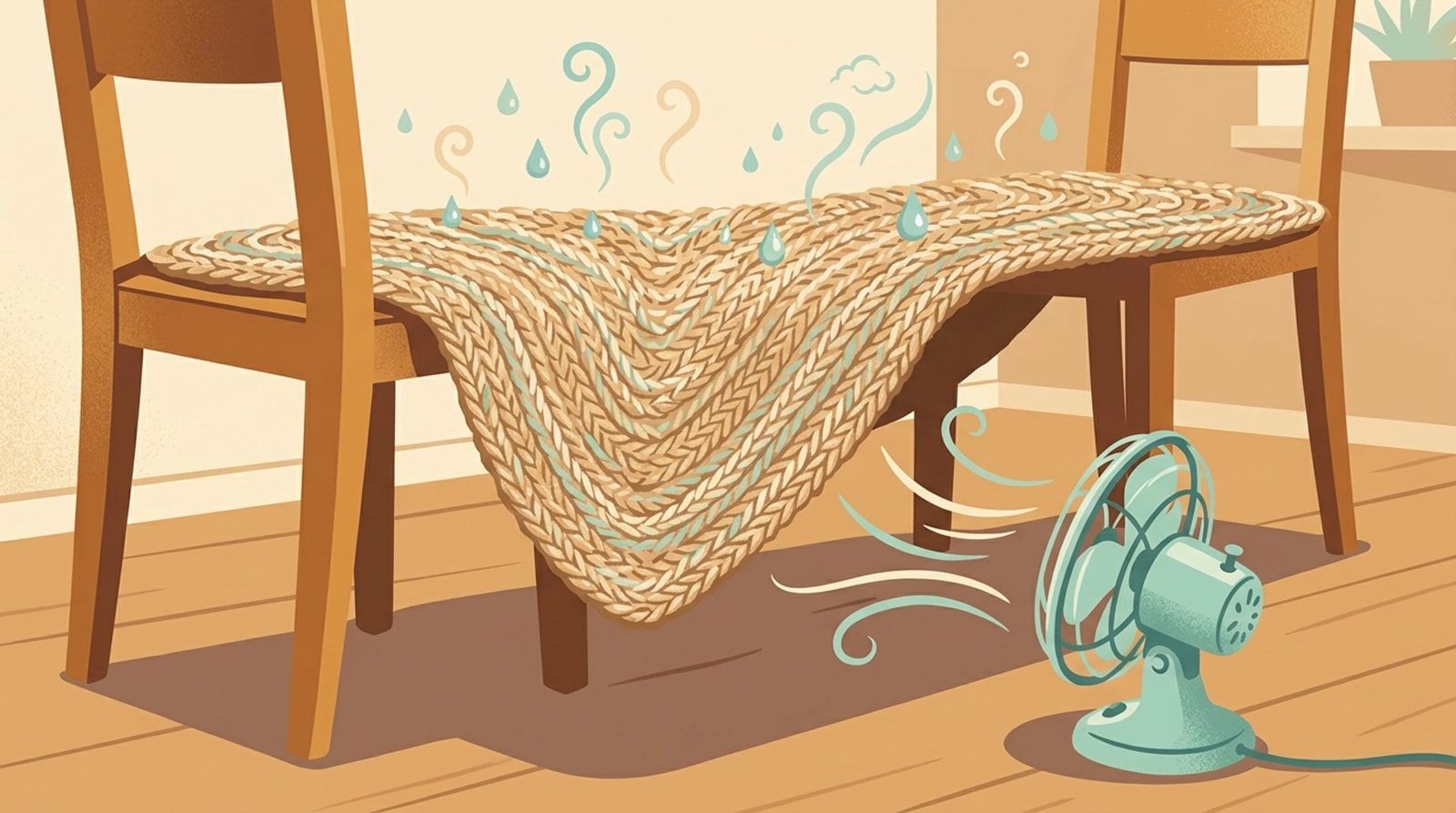 Corner of a jute rug lifted to air-dry above the floor on two wooden chairs with a fan blowing underneath