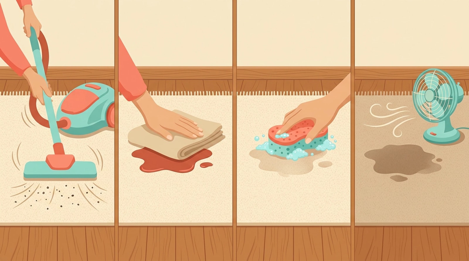 Four steps for cleaning a wool rug: vacuuming, blotting a spill, dabbing with a mild soapy sponge and drying with a fan