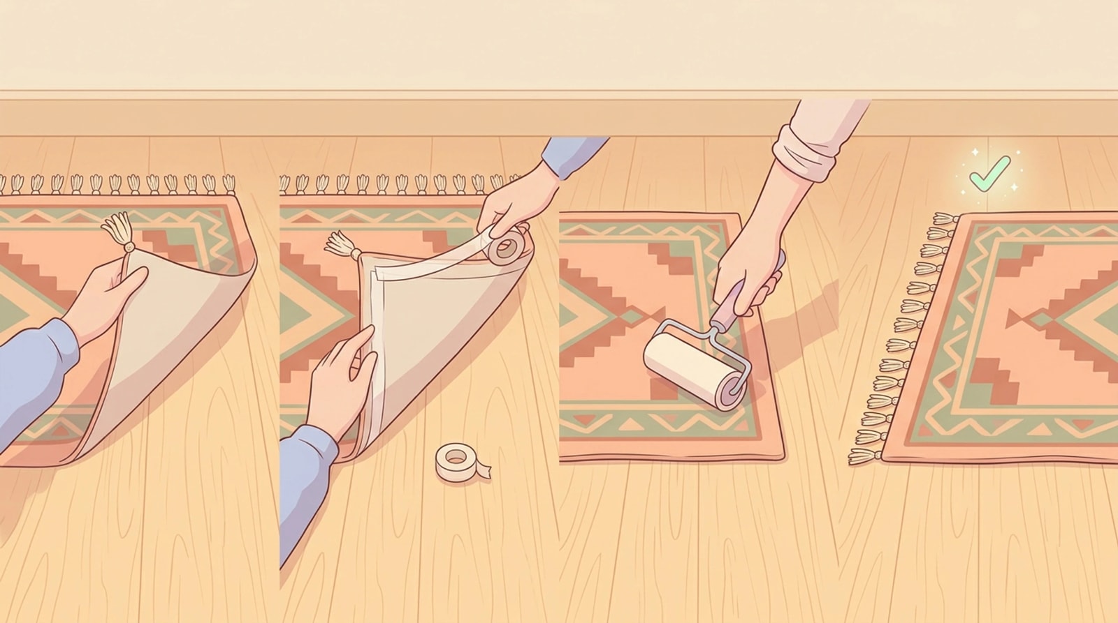 Four steps for taping a rug corner: lift, apply tape, press with a roller and a rug lying flat