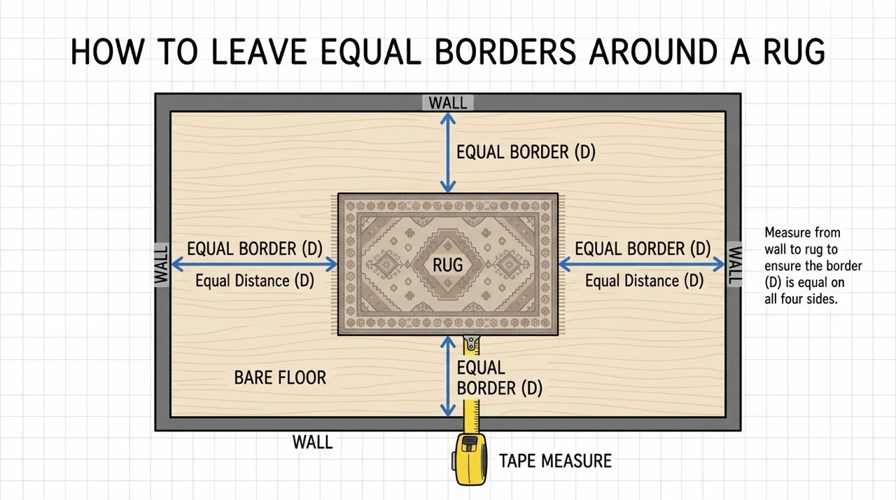 Diagram of a room floor with dimension lines and a tape measure, showing equal borders of bare floor around a rug