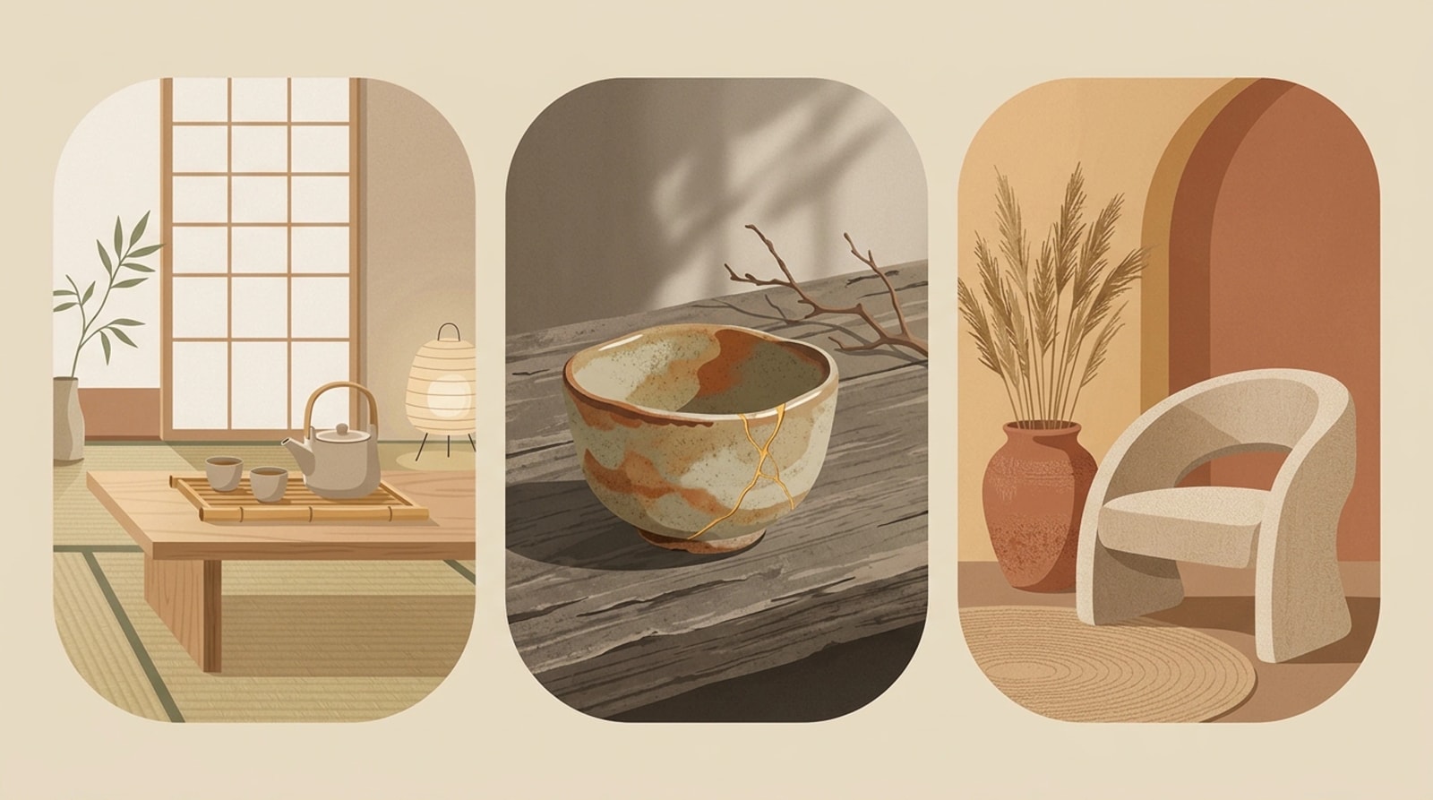 Three vignettes: a tea table on tatami beside a shoji screen, a kintsugi-mended ceramic bowl on weathered wood, and a cream armchair beside a dried grass vase on a round jute rug