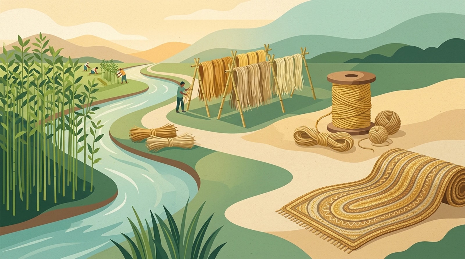 Illustrated journey from jute plants in a river field to drying fibers, yarn and a finished braided rug