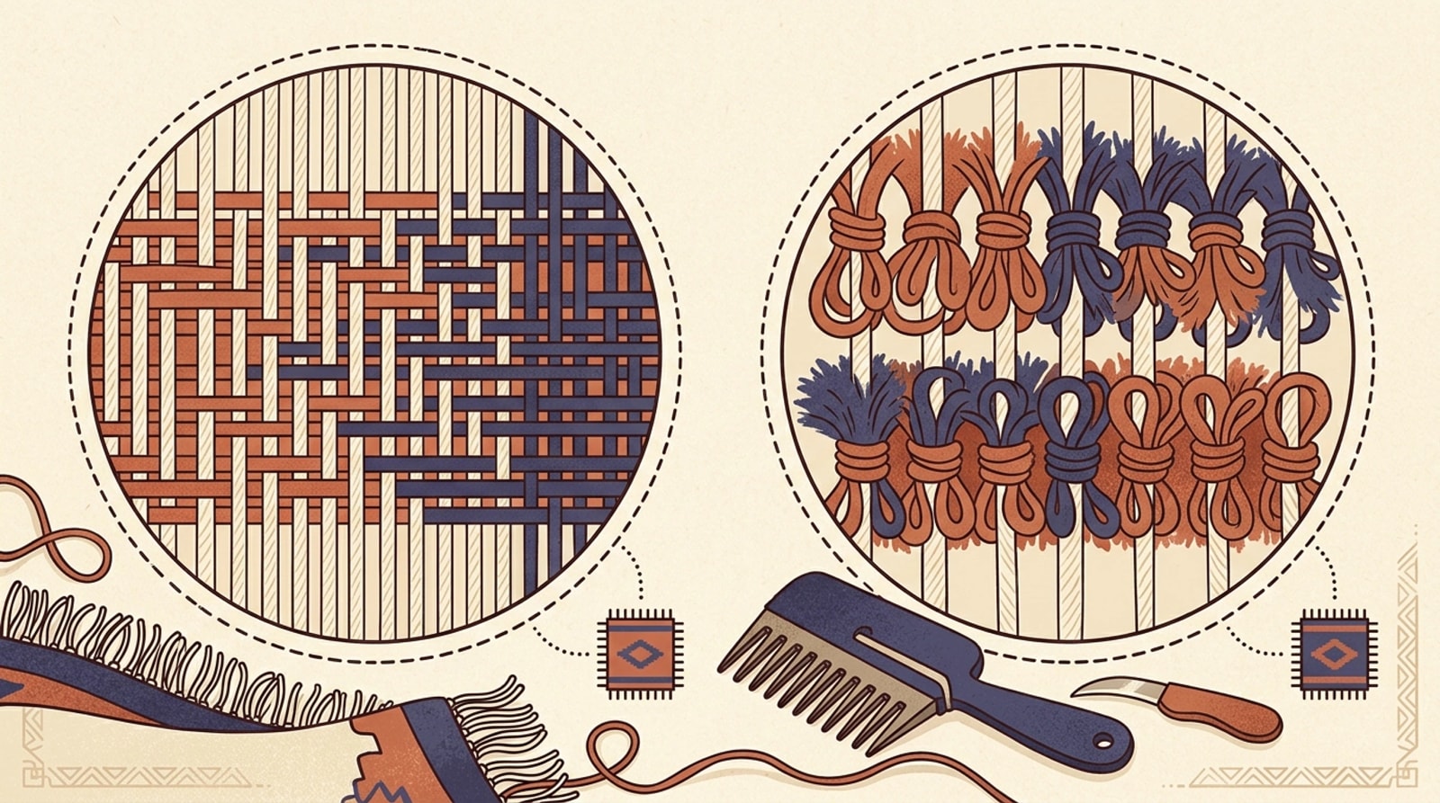 Magnified comparison of a flat kilim weave and a knotted pile structure with a beater comb and small knife