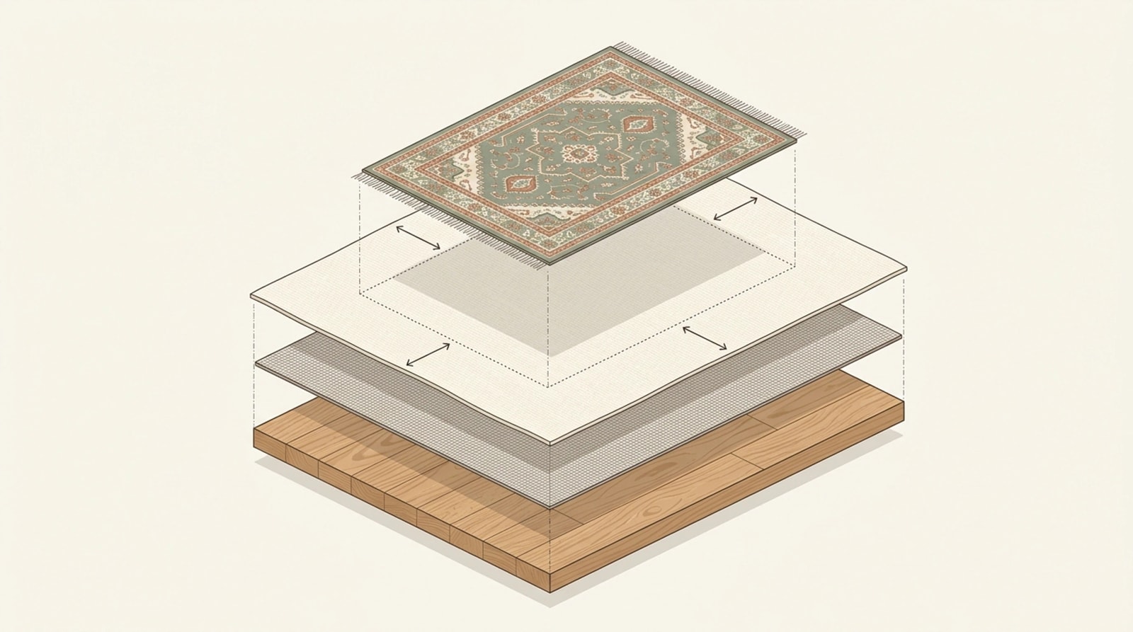 Exploded view of layered rugs: a patterned rug over a larger base rug, a rug pad and the floor