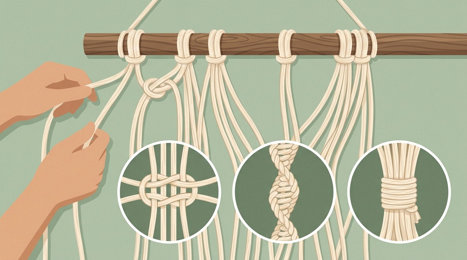 Macrame cords tied onto a wooden dowel with enlarged insets of a square knot, spiral knot and gathering wrap