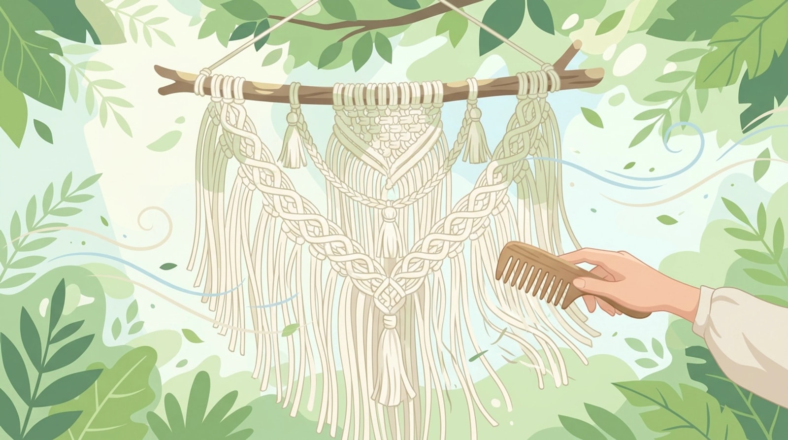 Macrame hanging on a branch outdoors being combed gently along the fringe