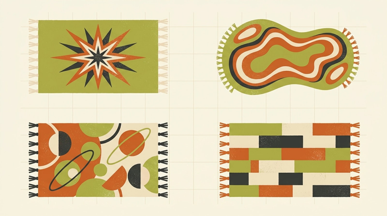 Gallery of mid-century rug motifs: a starburst, an organic kidney shape, overlapping circles and staggered rectangles