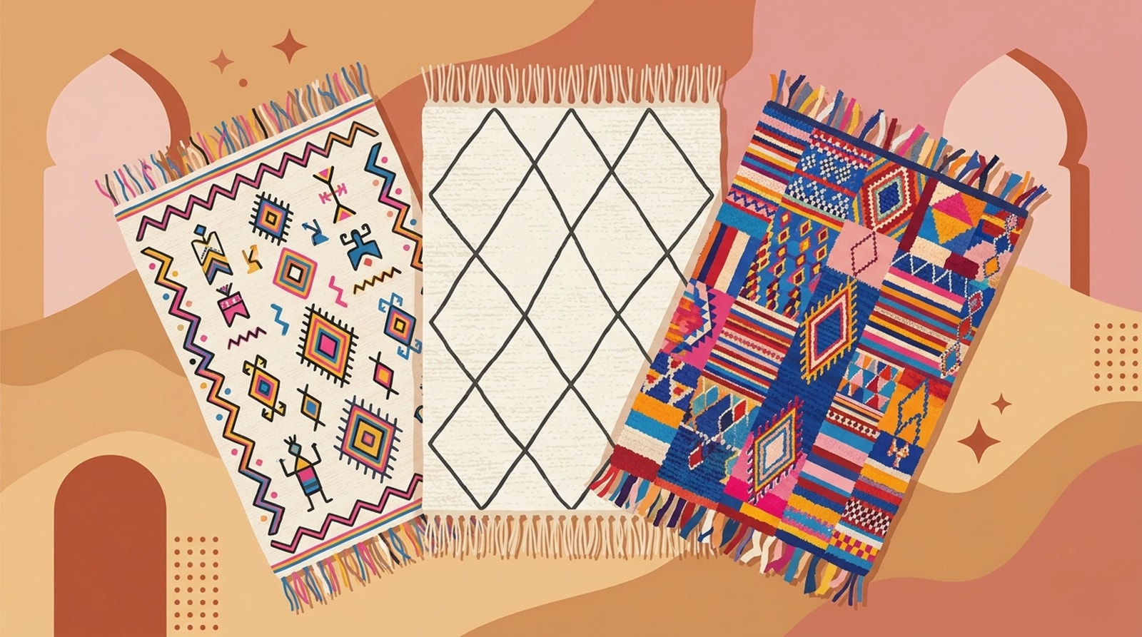 Three Moroccan rug swatches fanned like cards: a diamond-lattice rug, a colorful patchwork rug and a symbol-rich Azilal design