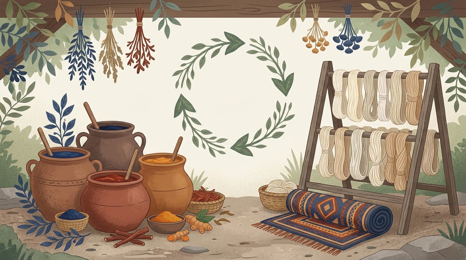 Natural dye station with clay pots of indigo, turmeric and madder, hanging dried herbs and cream wool skeins drying beside a patterned rug