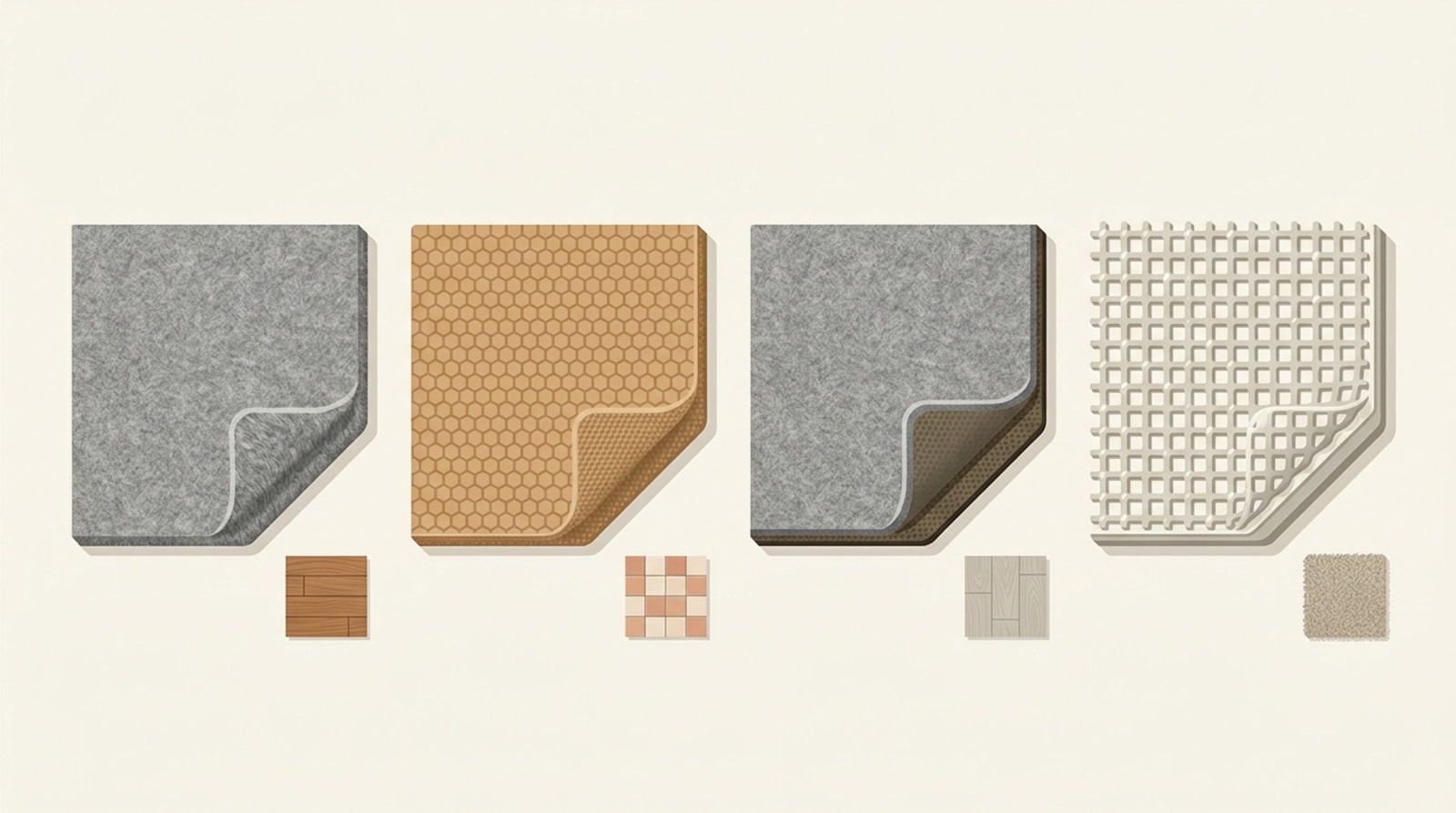 Four rug pad cutaway swatches: felt, natural rubber, felt-and-rubber and synthetic mesh, with floor type icons