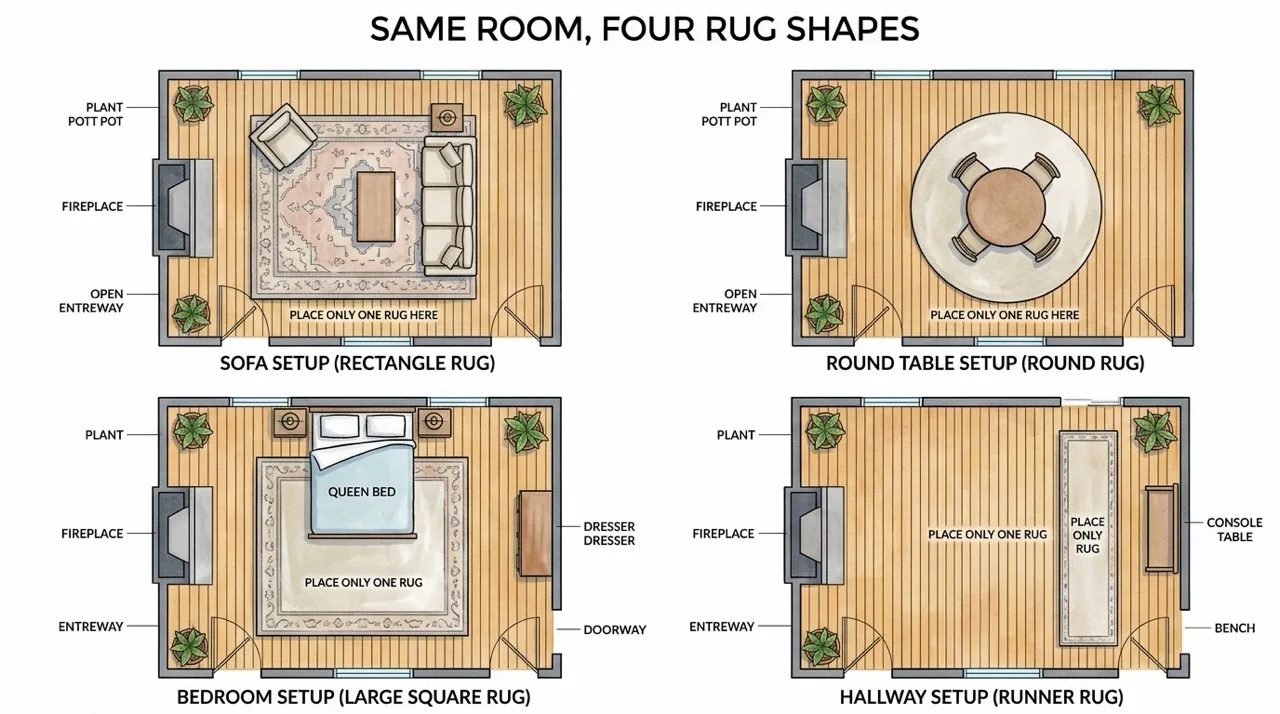 Floor plan showing one room with four rug shapes placed to suit a sofa, a round table, a bed and a hallway