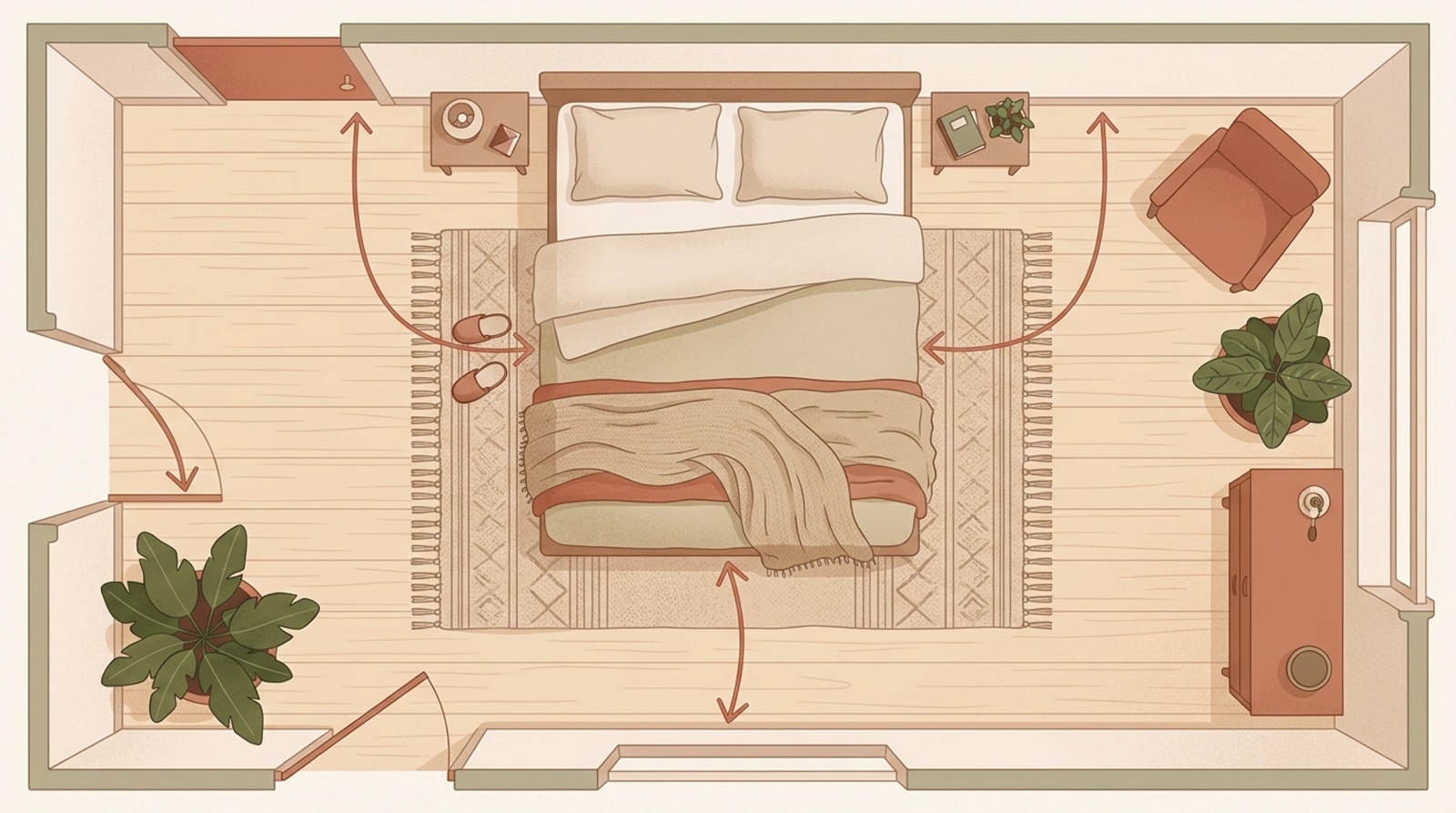 Top-down plan of a bed on a rug with measuring arrows showing the border on each side and at the foot