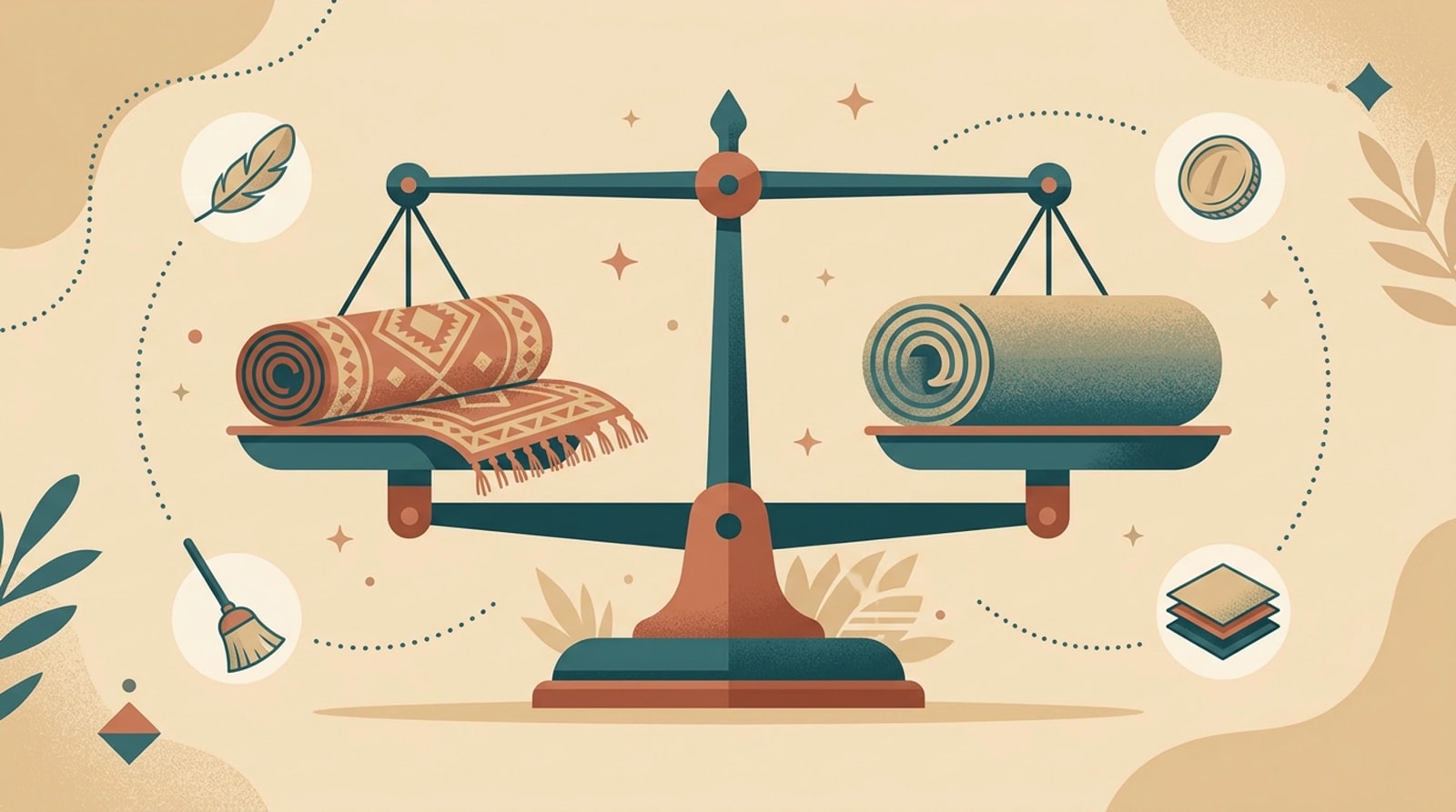 Balance scale weighing a patterned rug against a rolled carpet, with icons for a feather, coin, broom and layers