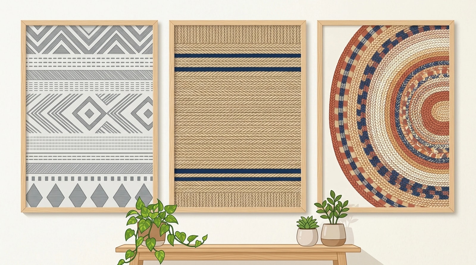 Three rug close-ups arranged like wall art: a gray-and-white geometric Scandinavian pattern, a navy-striped sisal coastal rug and a plaid braided farmhouse oval