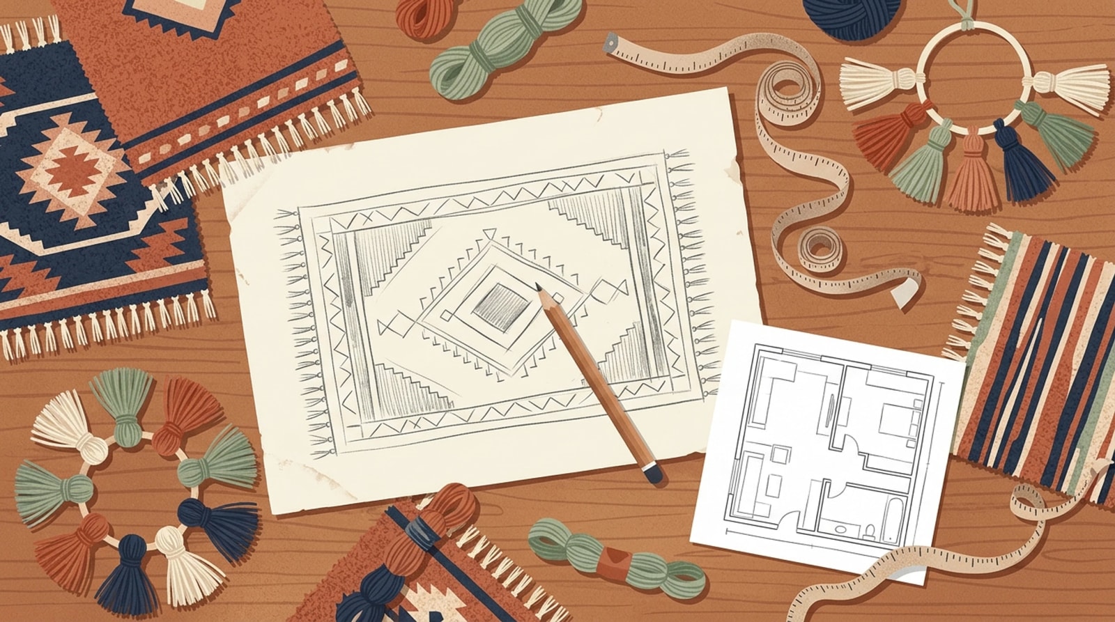 Designer's desk with a sketched rug pattern, yarn skeins, measuring tape, swatches and a floor plan of a small apartment