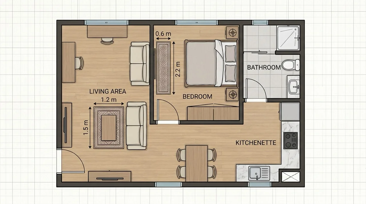 Top-down plan of a small apartment with a small rug under the coffee table and a runner by the bed, with measuring arrows