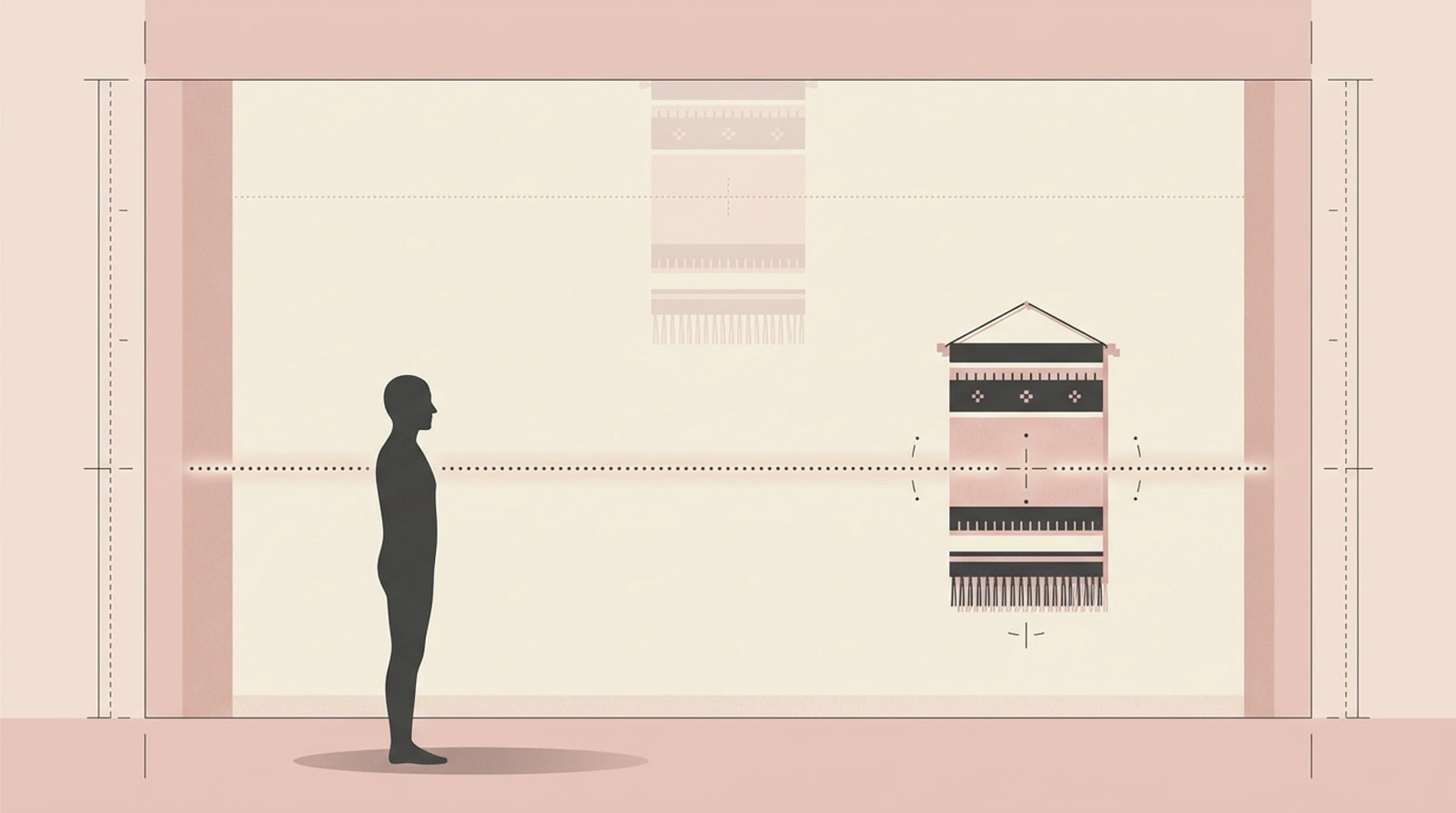 Diagram of a wall with a standing figure for scale, showing a woven hanging placed at eye level with a larger piece set higher above it