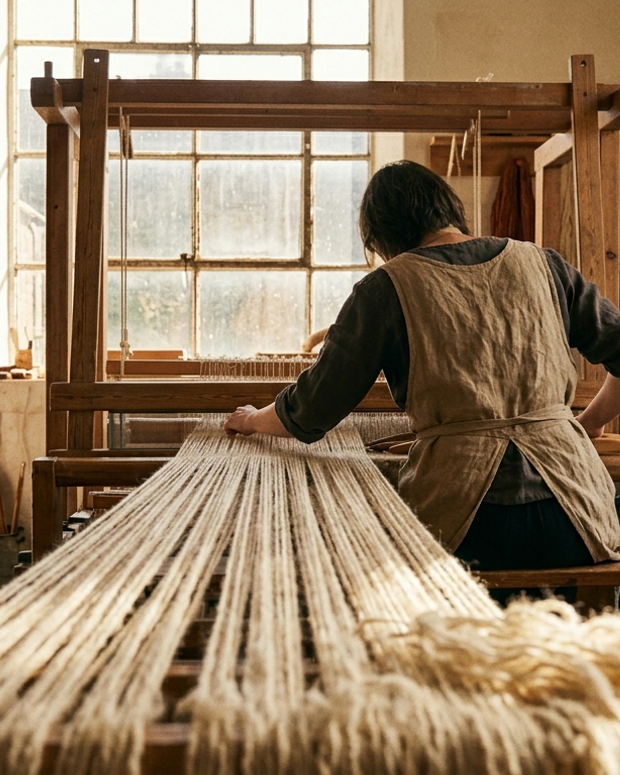 Weaver at a tall wooden floor loom in a bright studio with skeins of dyed yarn on the wall