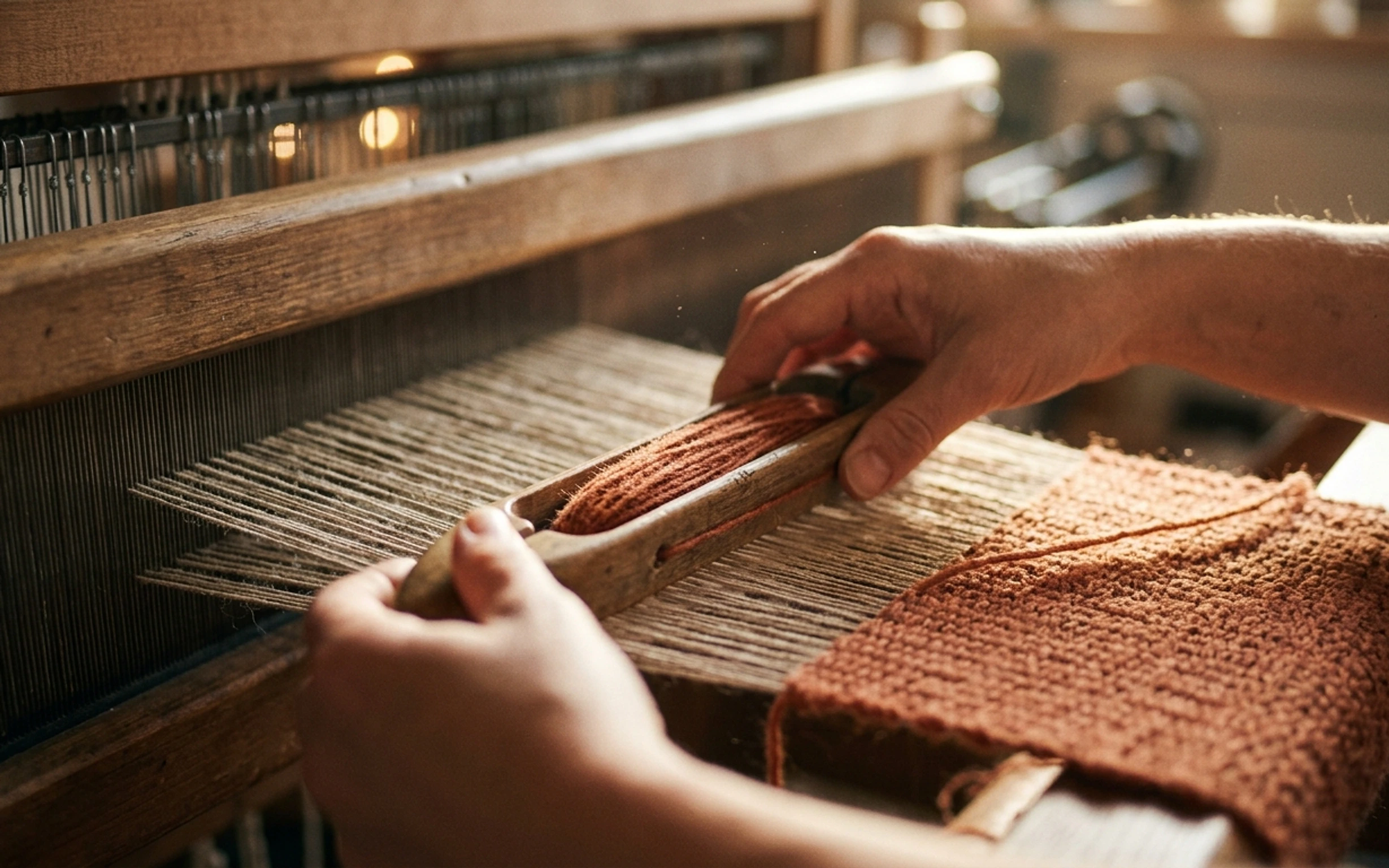 Hands guiding a wooden shuttle through warp threads on a loom